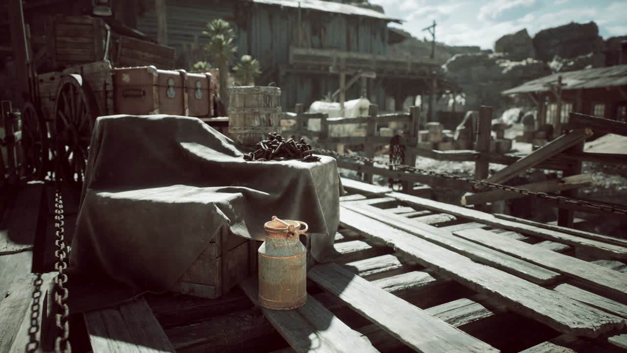 Abandoned wooden dock with a vintage milk can and crates in the afternoon sun