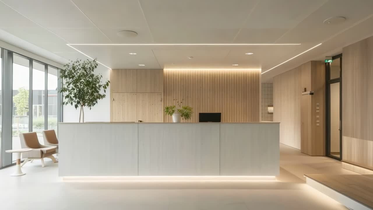 Area reception moderna con design minimalista, caratterizzata da pannelli in legno chiaro e illuminazione ambientale