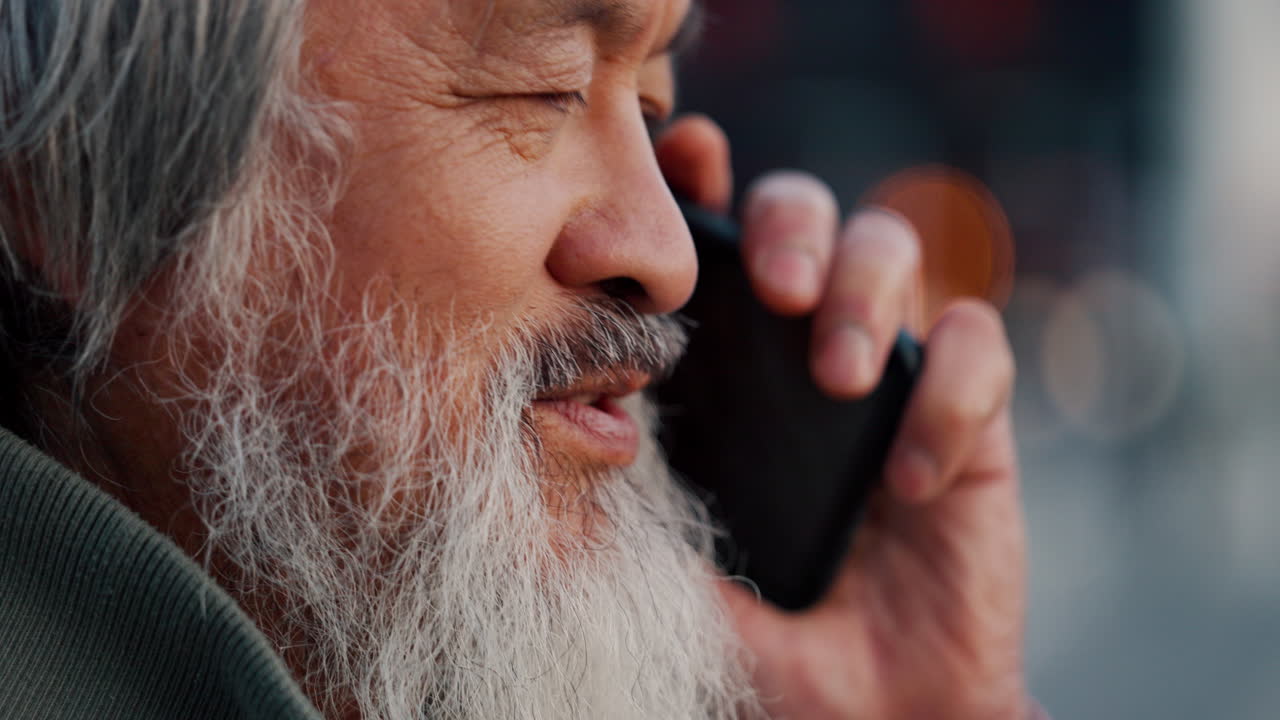 Asian man, retirement and phone call