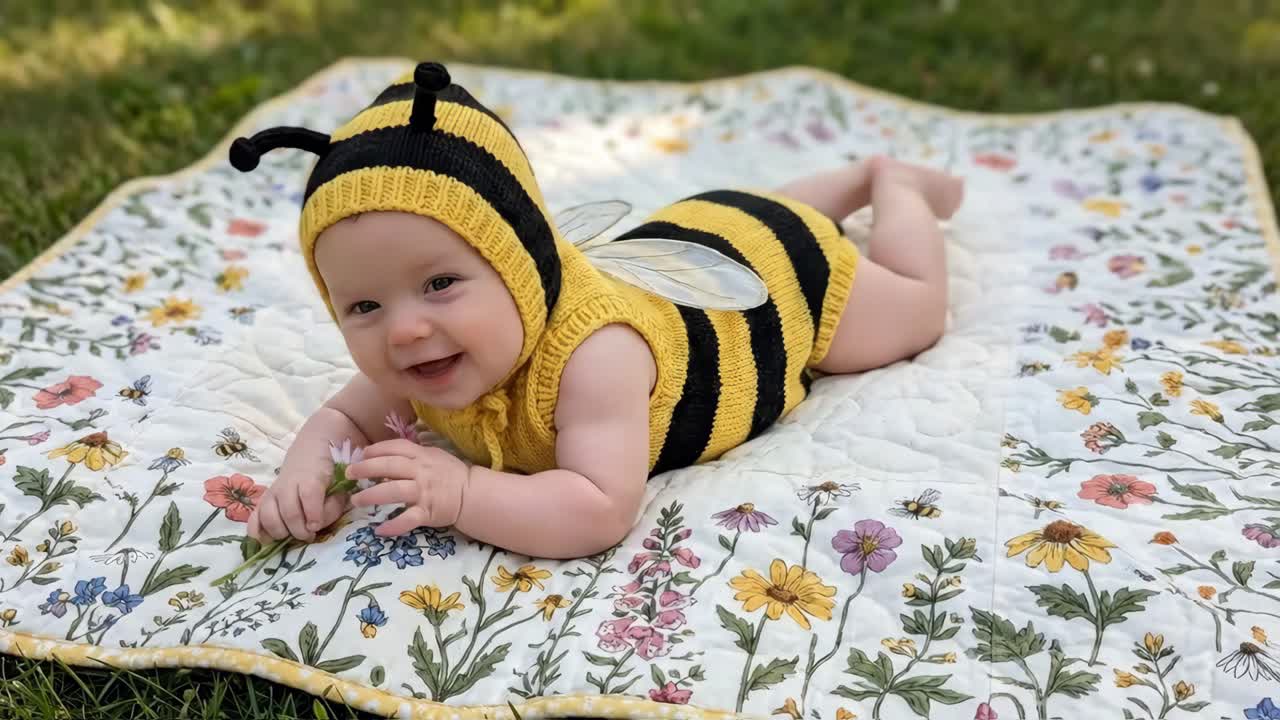 Baby in a bee costume on a floral blanket