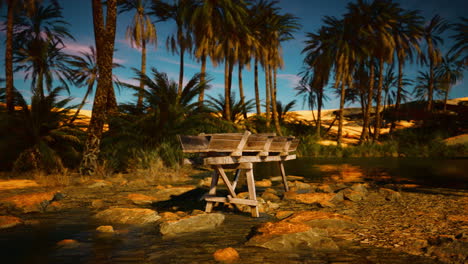 a tranquil oasis in the desert, surrounded by palm trees and a small stream