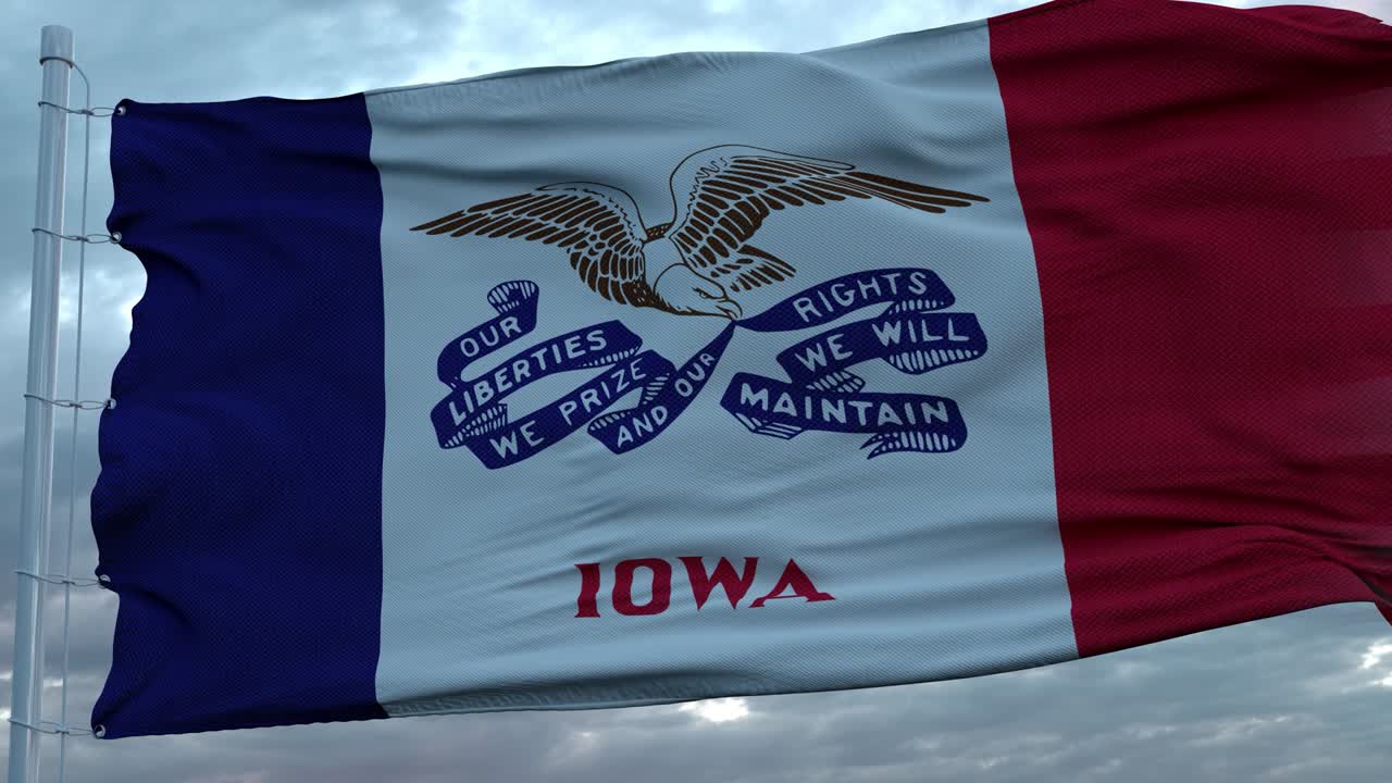 USA and Iowa Mixed Flag waving in wind. Iowa and USA flag on flagpole