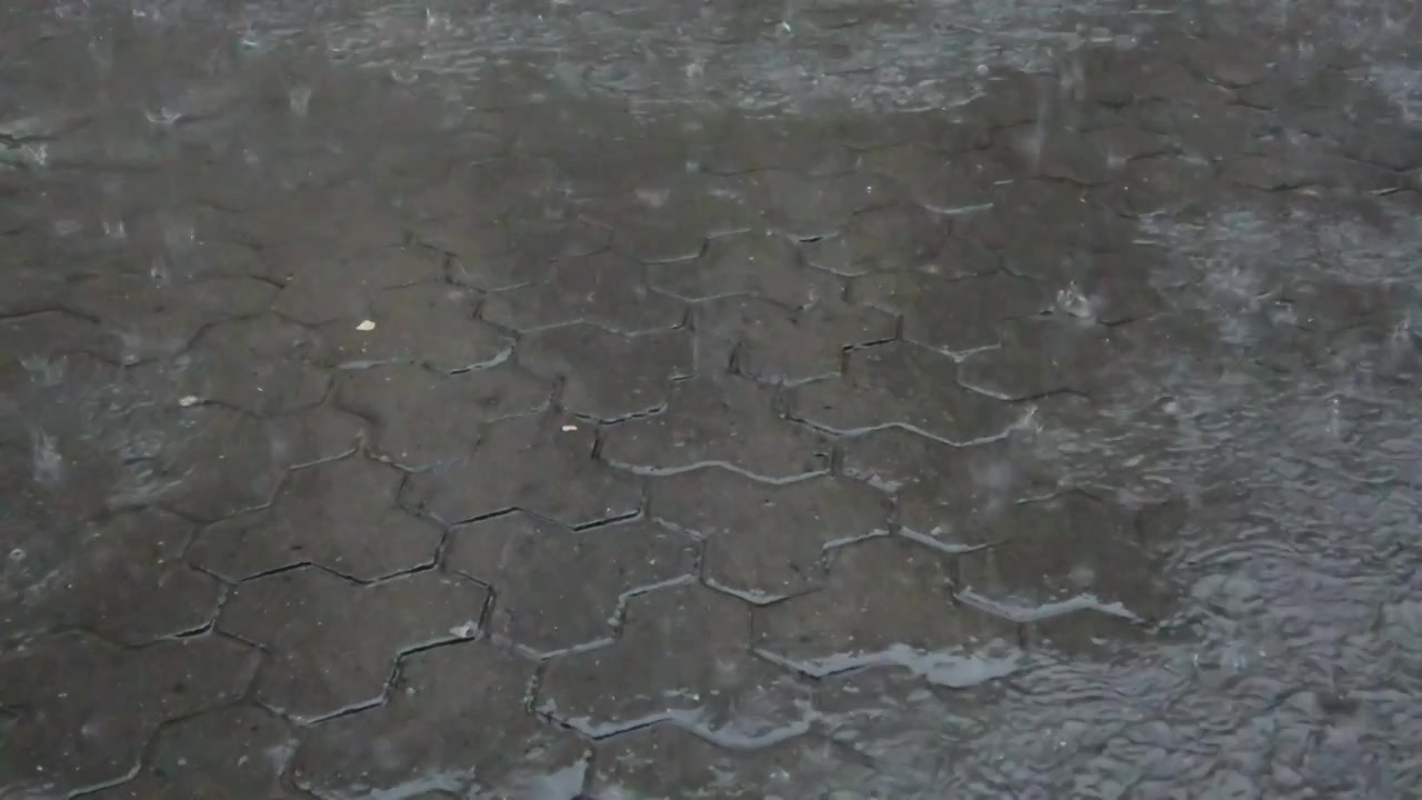 Regn i byen. Regndråber falder på fortovet