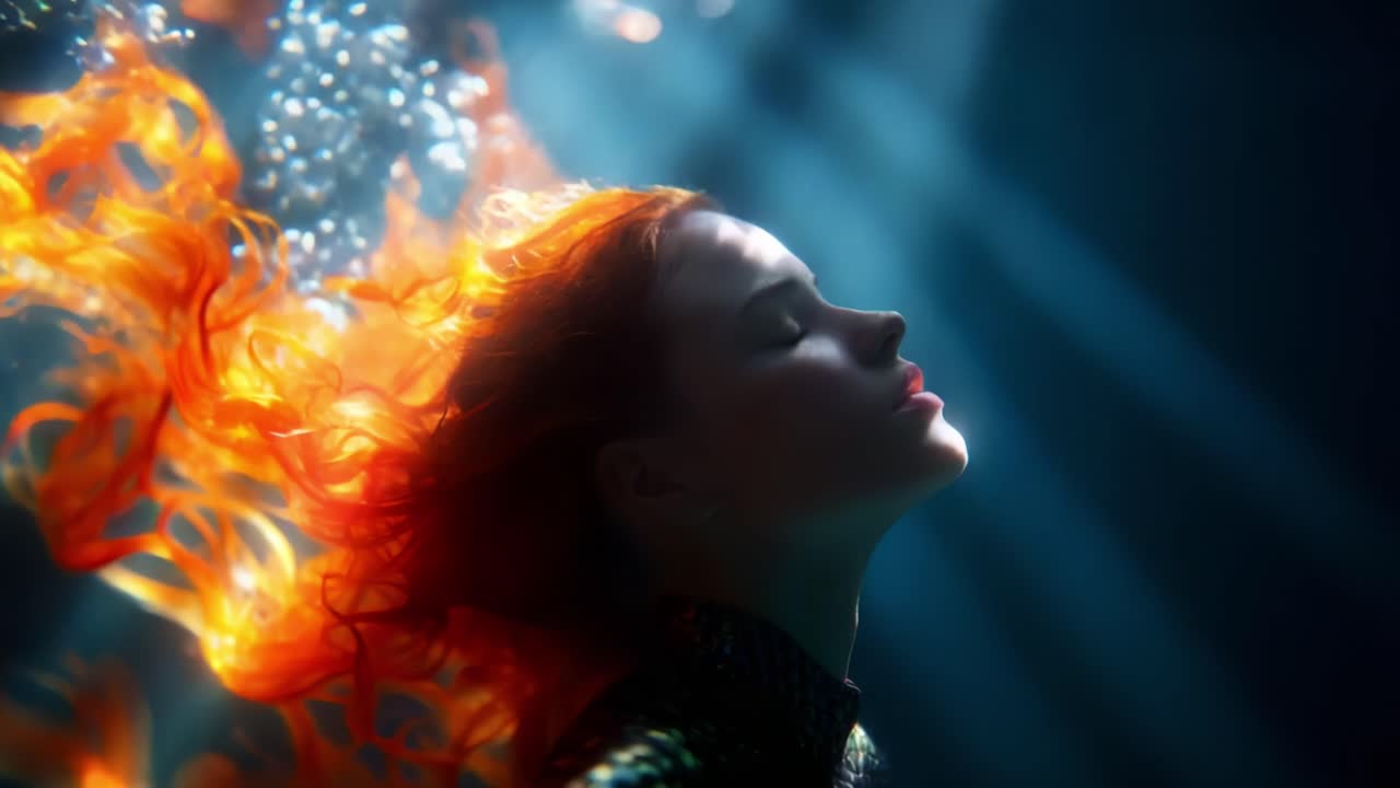 A mesmerizing underwater scene featuring a woman with vibrant orange hair flowing gracefully in the water, illuminated by shafts of light, creating an enchanting and ethereal atmosphere