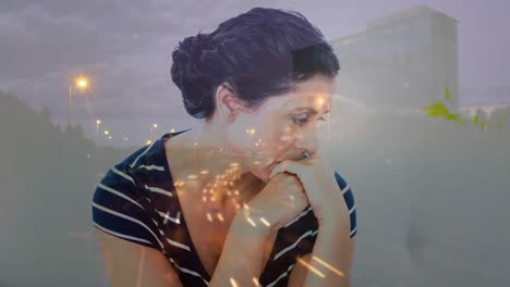 animación digital de una mujer preocupada sentada contra el fondo de la ciudad 4k