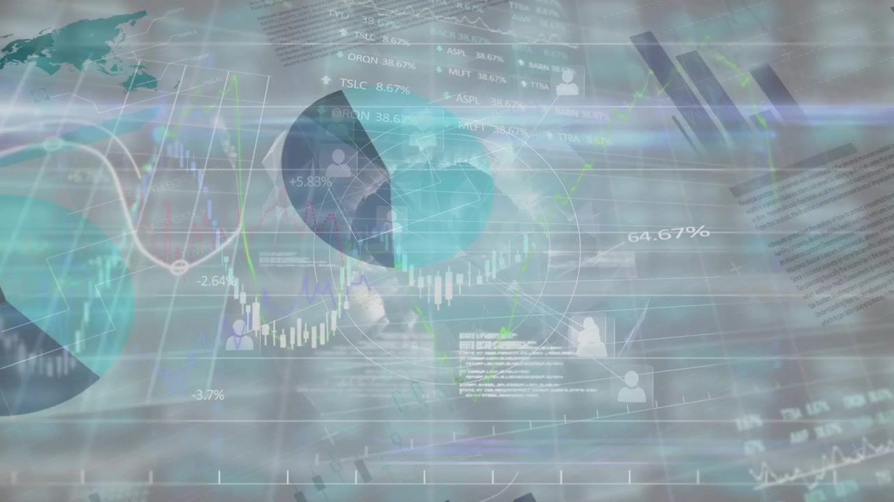 Animation of financial data processing over globe and grid