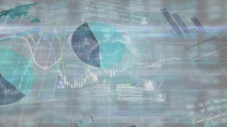 Animation of financial data processing over globe and grid