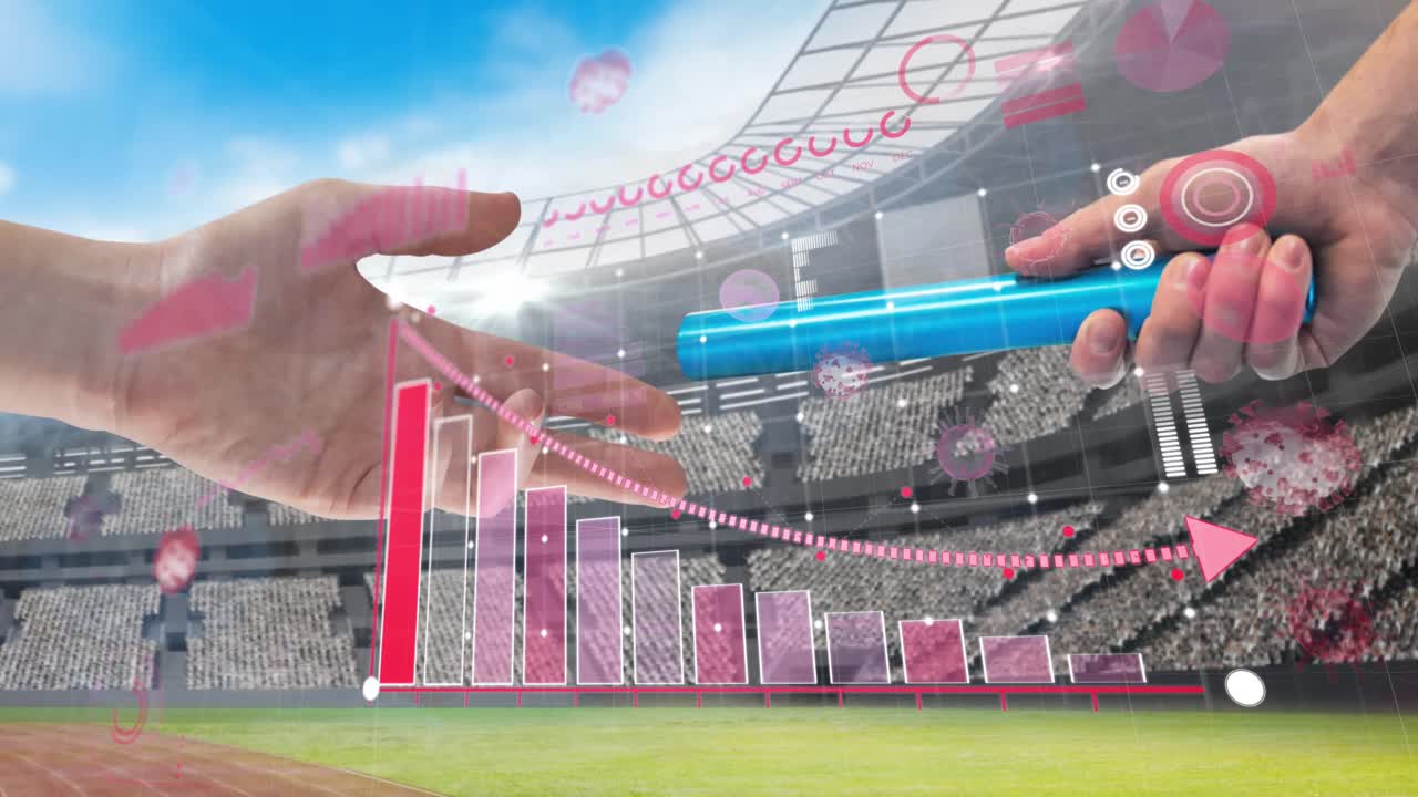 procesamiento de datos estadísticos de coronavirus contra la mano que pasa un bastón contra el estadio deportivo
