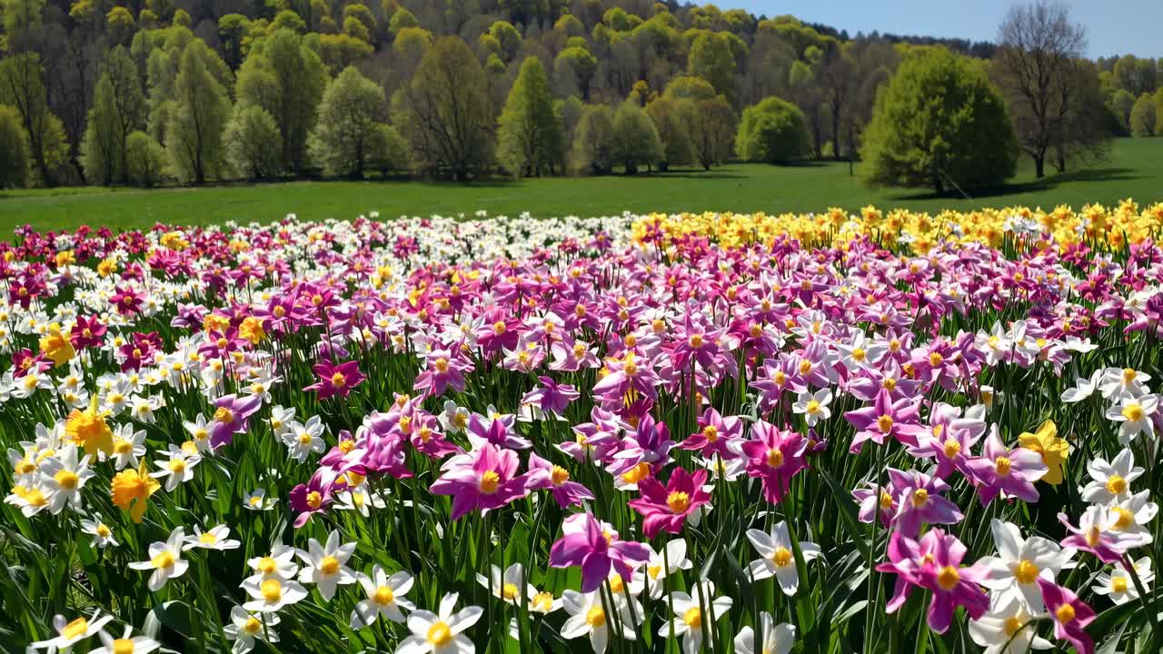 Vibrant spring meadow with colorful flowers, captured from a low-angle, showcasing a lush landscape