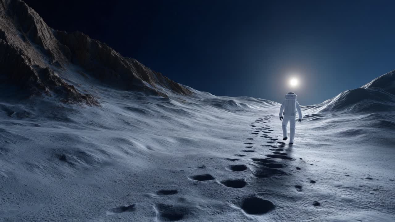 Ein Astronaut durchquert die Mondlandschaft unter einem Sternenhimmel, hinterlässt Fußspuren im Mondstaub und wird von der fernen, glühenden Sonne beleuchtet.