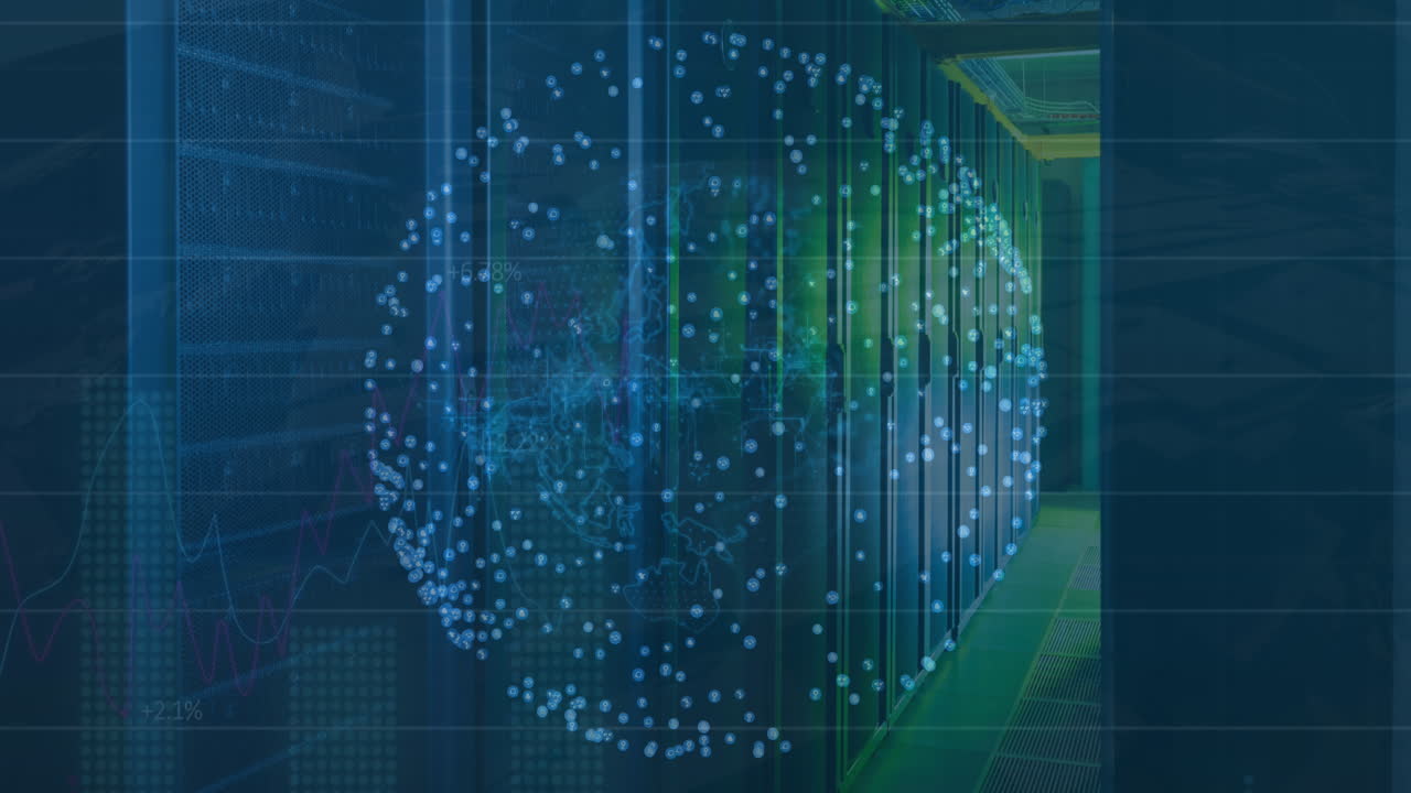 Animation of spinning globe and statistical data processing against computer server room