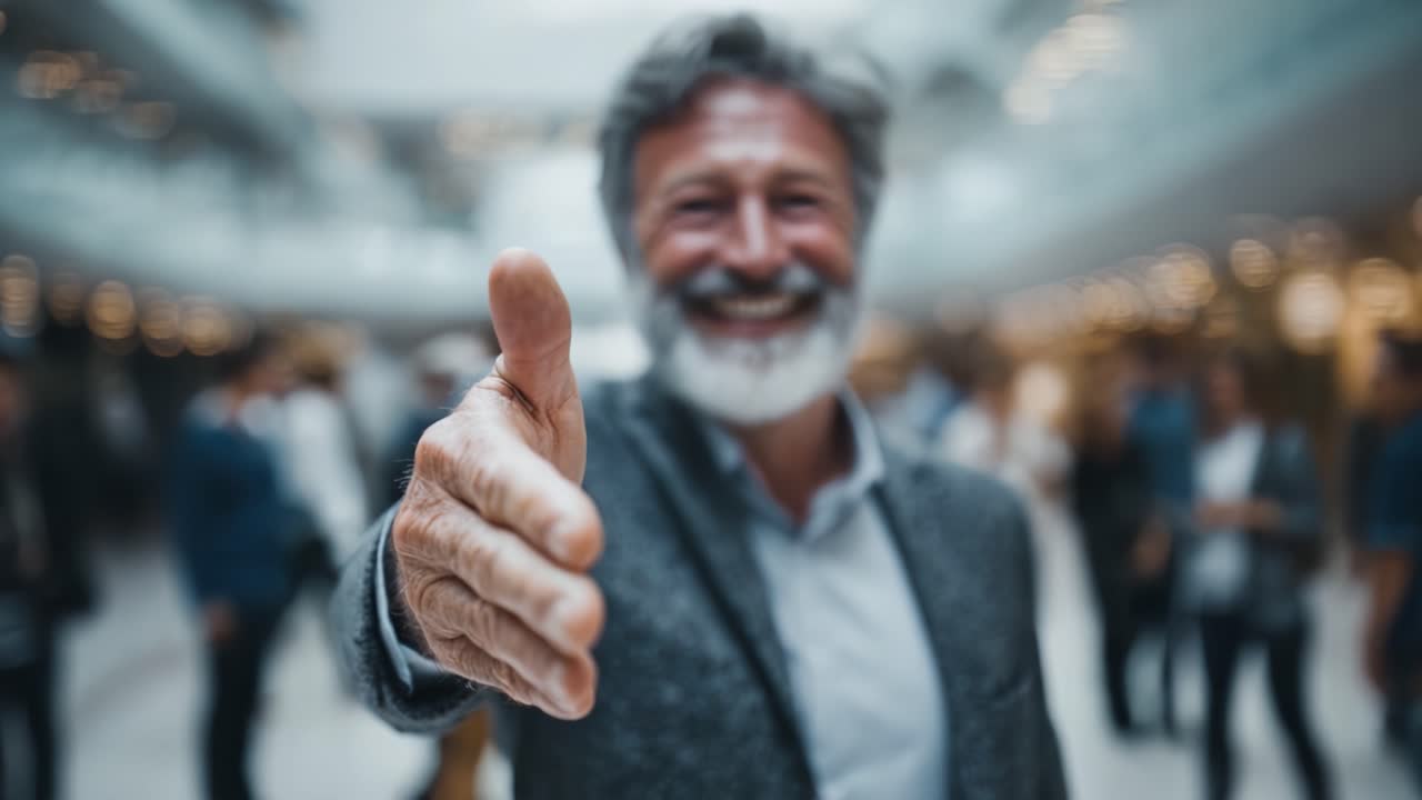 A Warm Gesture of Welcome: Engaging Handshake from a Friendly Older Man in a Busy Social Setting with a Blurred Crowd in the Background