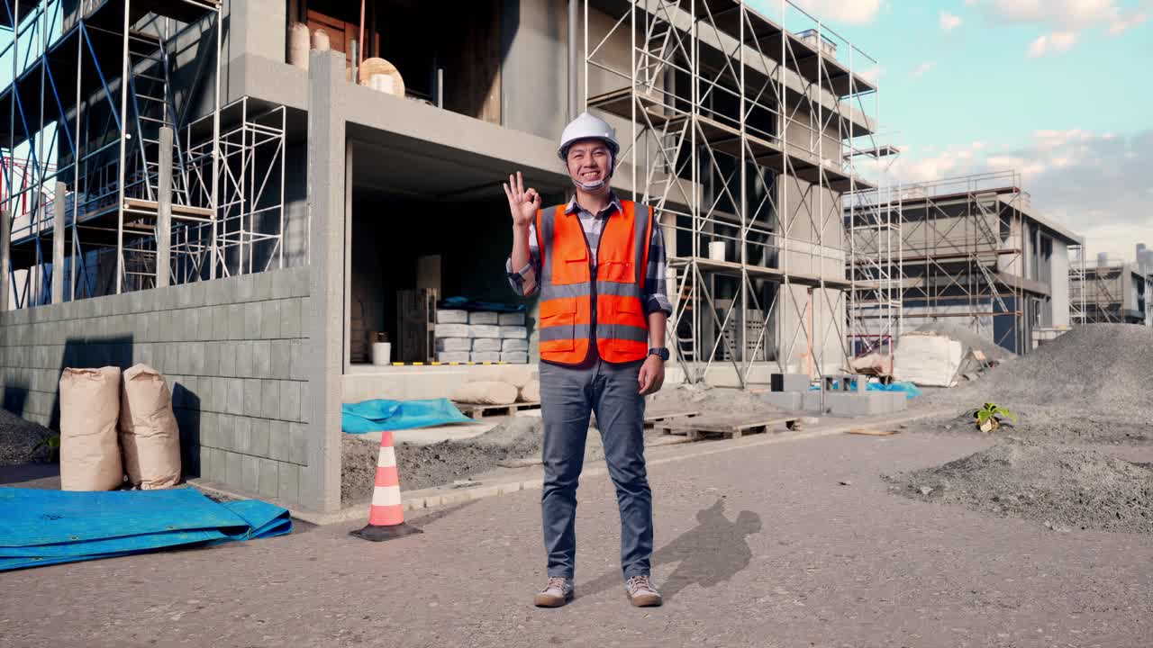 Full Body Of Asian Male Engineer With Safety Helmet Smiling And Showing Okay Gesture To The Camera While Standing At Building & Construction Site in Progress to New House