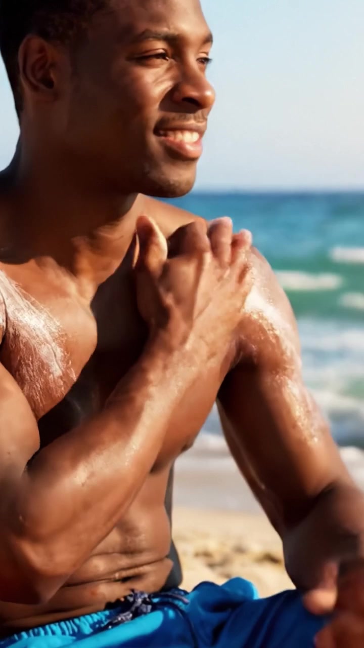 A Carefree Day at the Beach: A Young Man Applying Sunscreen to Protect His Skin from Sun Damage While Enjoying the Waves and Warm Sand