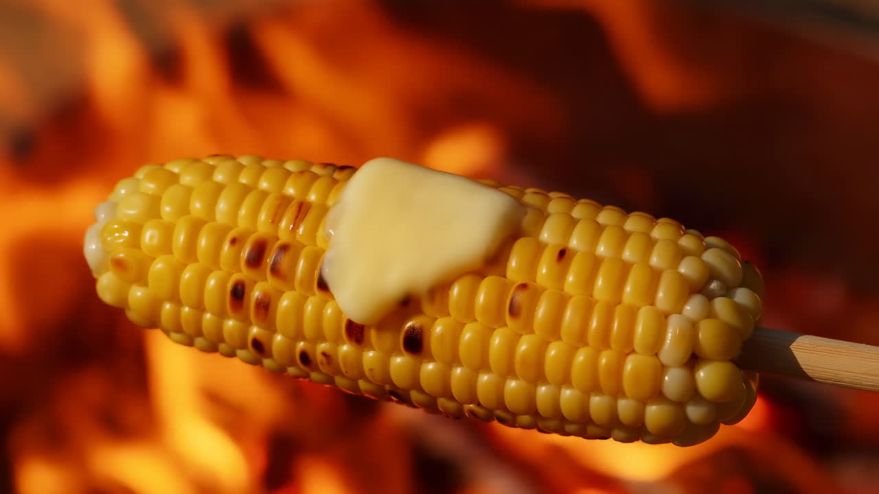 Melting Butter on Grilled Corn on the Cob Over an Open Fire