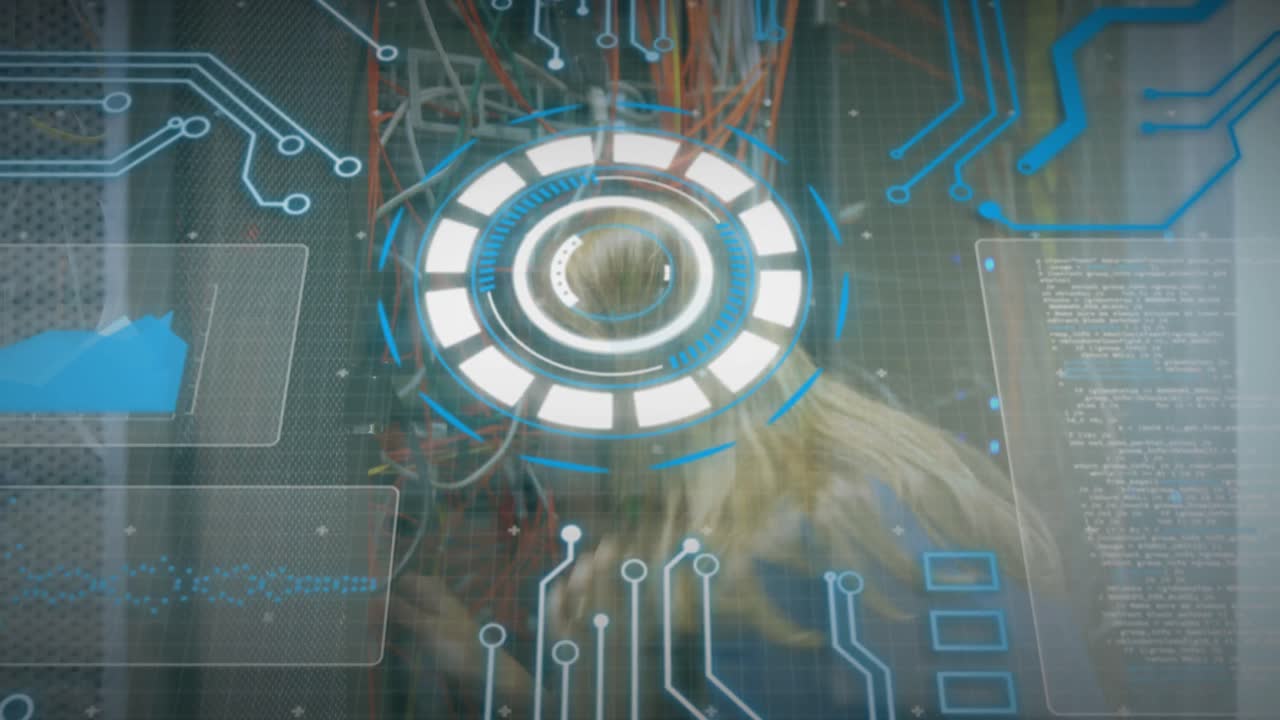 Animation of scope scanning and data processing over caucasian it woman computer server