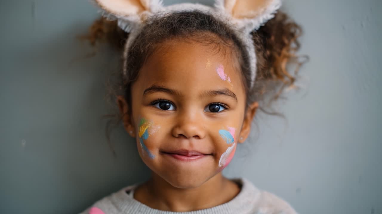 Uma Criança Alegre Sorri Brilhantemente com Pintura Facial e Orelhas de Coelho Fofas, Capturando a Essência da Brincadeira e da Inocência Infantil