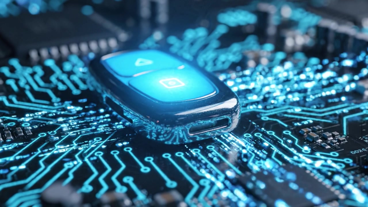 Exploring the Intricacies of a Modern Circuit Board: Highlighting a Futuristic Remote Control Amidst Electric Blue Pathways and Microchips
