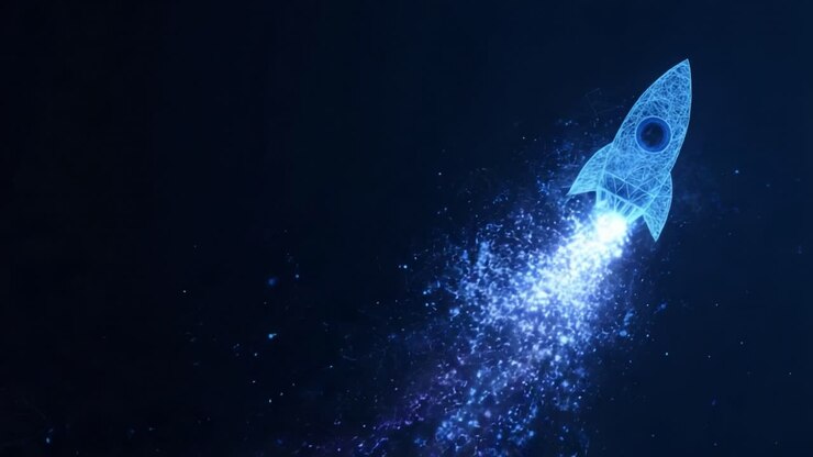 Abstract blue polygonal rocket launching into the night sky, leaving a glowing trail of particles and stars behind, representing innovation, startup businesses, and technological advancement