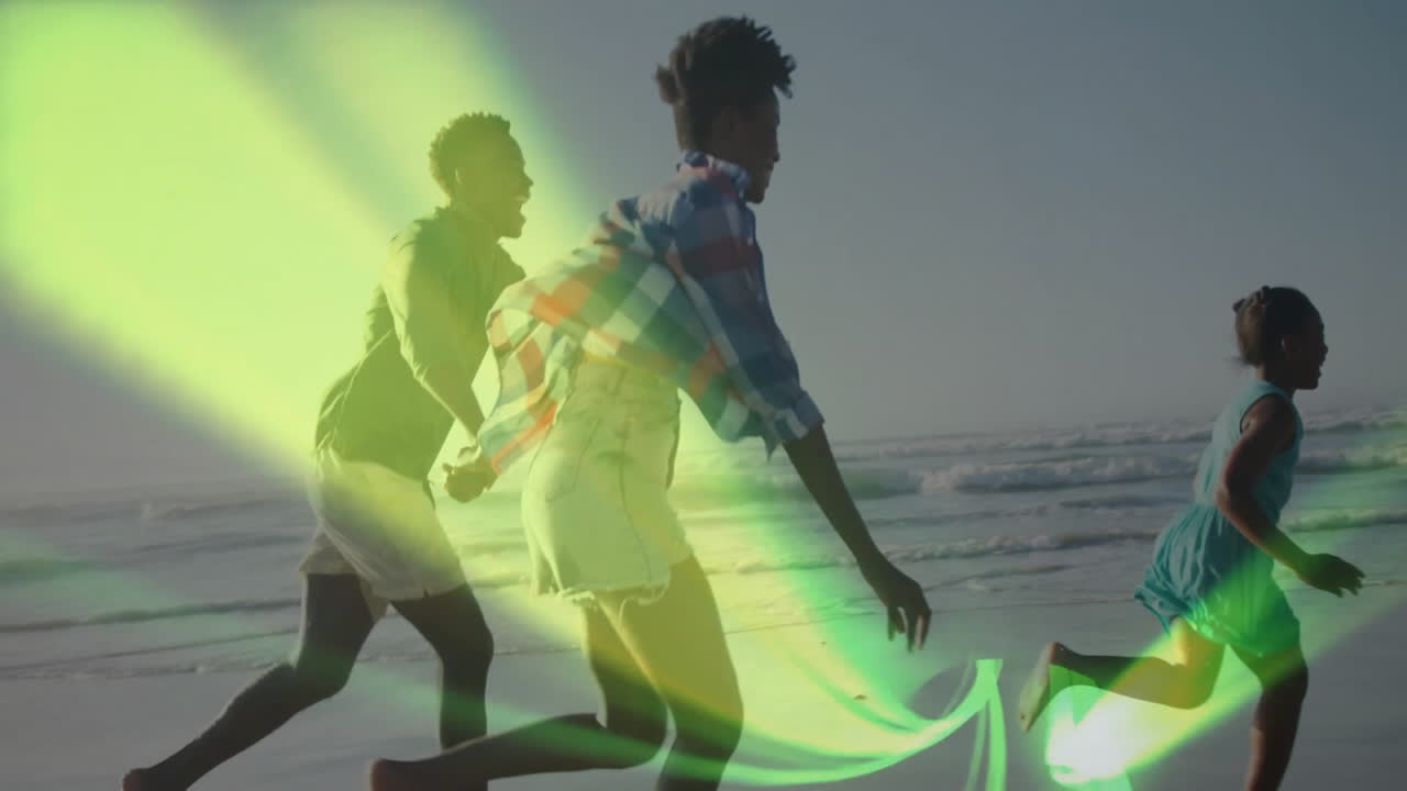 Family running on sandy beach shoreline, with green beam graphics emphasizing marketing concept