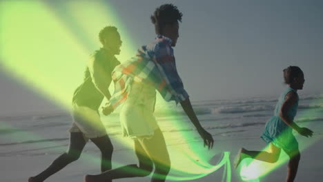 family running on sandy beach shoreline, with green beam graphics emphasizing marketing concept