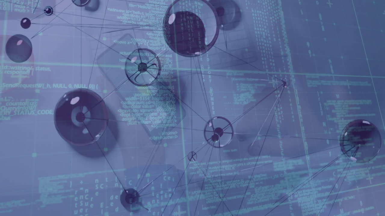 Data processing animation with network connections on digital interface background