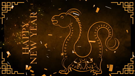 animation of happy new year text over dragon and chinese pattern