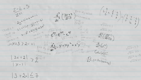 mathematical equations moving against white ruled paper