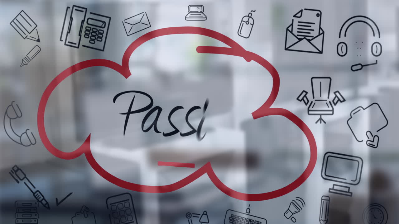 비즈니스 컨셉 아이콘과 함께 유리판에 열정 텍스트를 배선하는 사업가의 손의 애니메이션