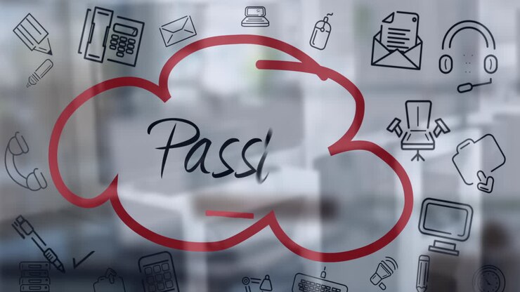 Animation of businessman's hand wiriting passion text on glassboard with business concept icons