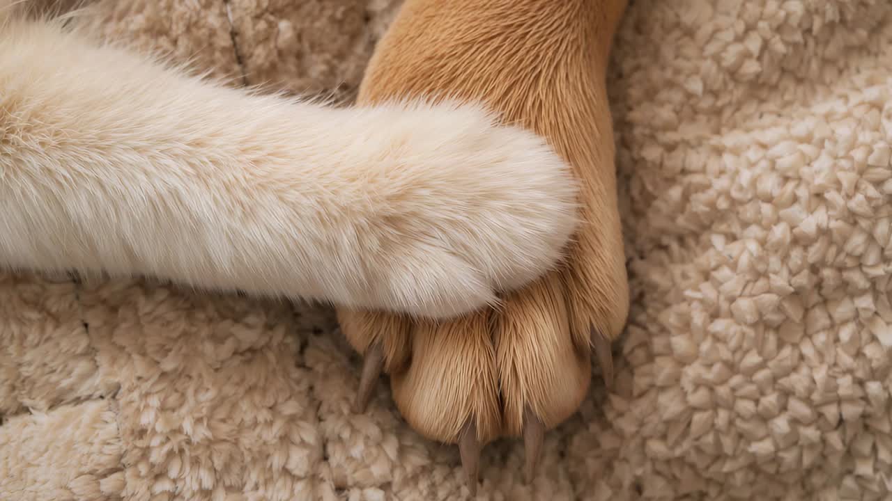 Eine cremefarbene Katzenpfote gleitet auf eine braune Hundepfote auf beigem Fleece, um Wärme zu suchen