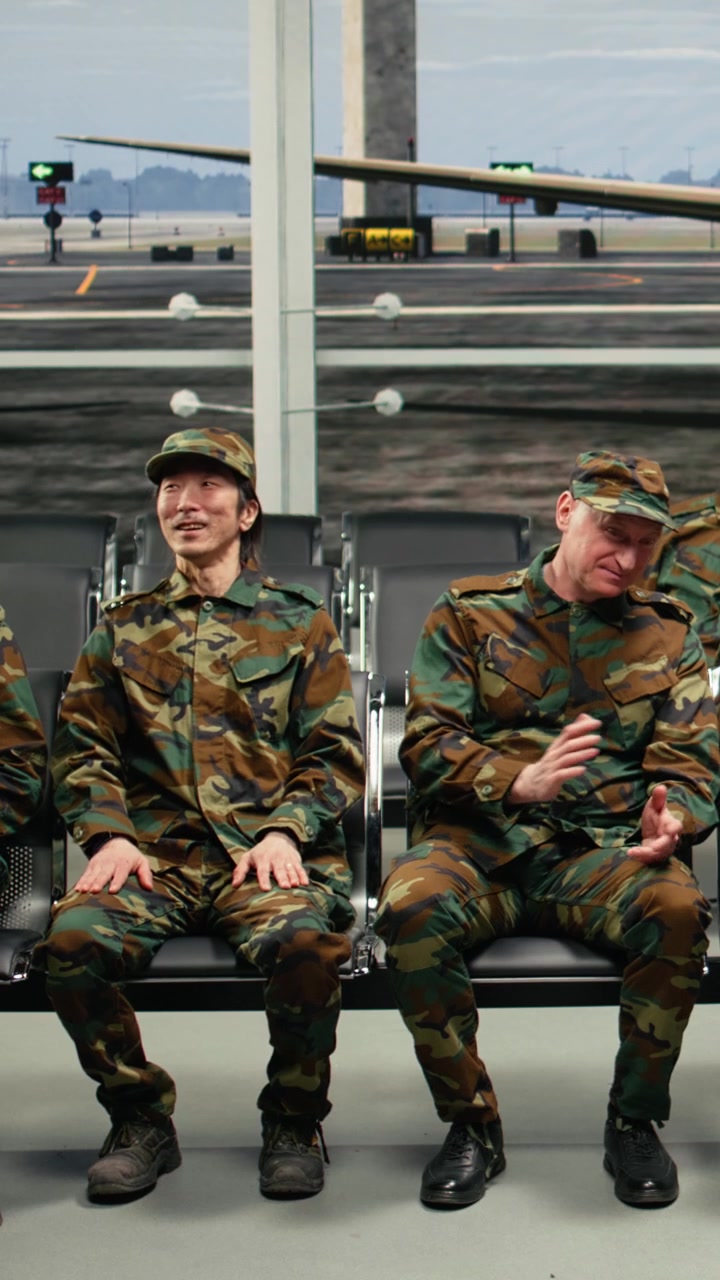 Video verticale. Chiacchierando, arrivo dell'aereo e squadra militare sorridente in attesa in aeroporto.