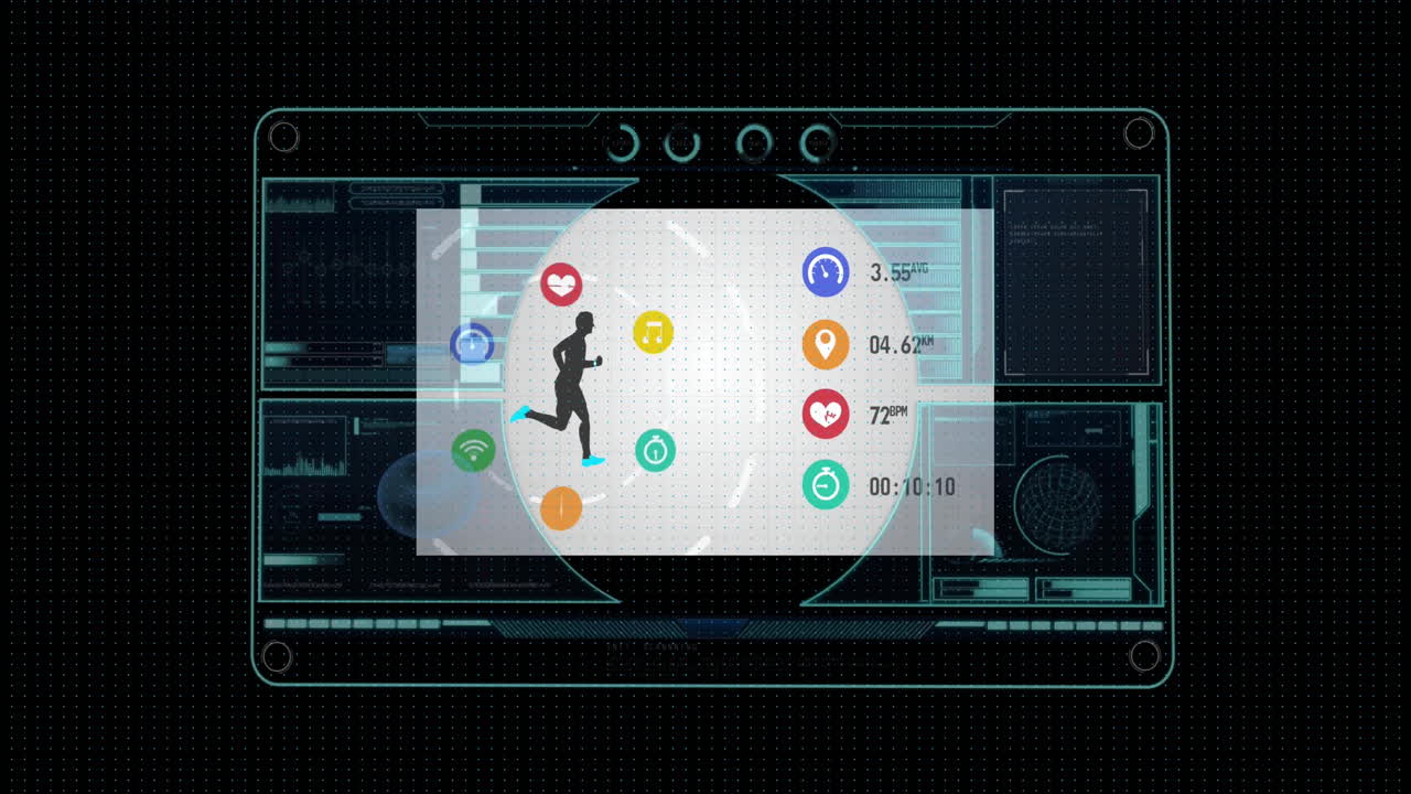animación del procesamiento de datos con iconos deportivos en fondo negro