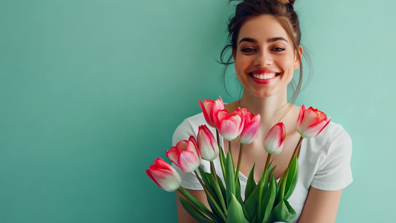 Happy Woman Holding a Bouquet of Pink Tulips