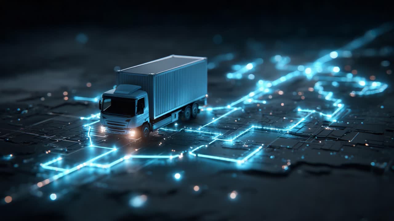 A Futuristic Electric Truck Navigating a High-Tech Circuit Blueprint with Illuminating Pathways, Symbolizing Innovation in Transportation and Logistics