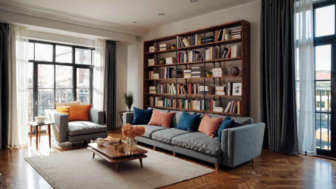 Wide-angle shot of a modern living room with a cozy sofa, bookshelves, and large windows, perfect