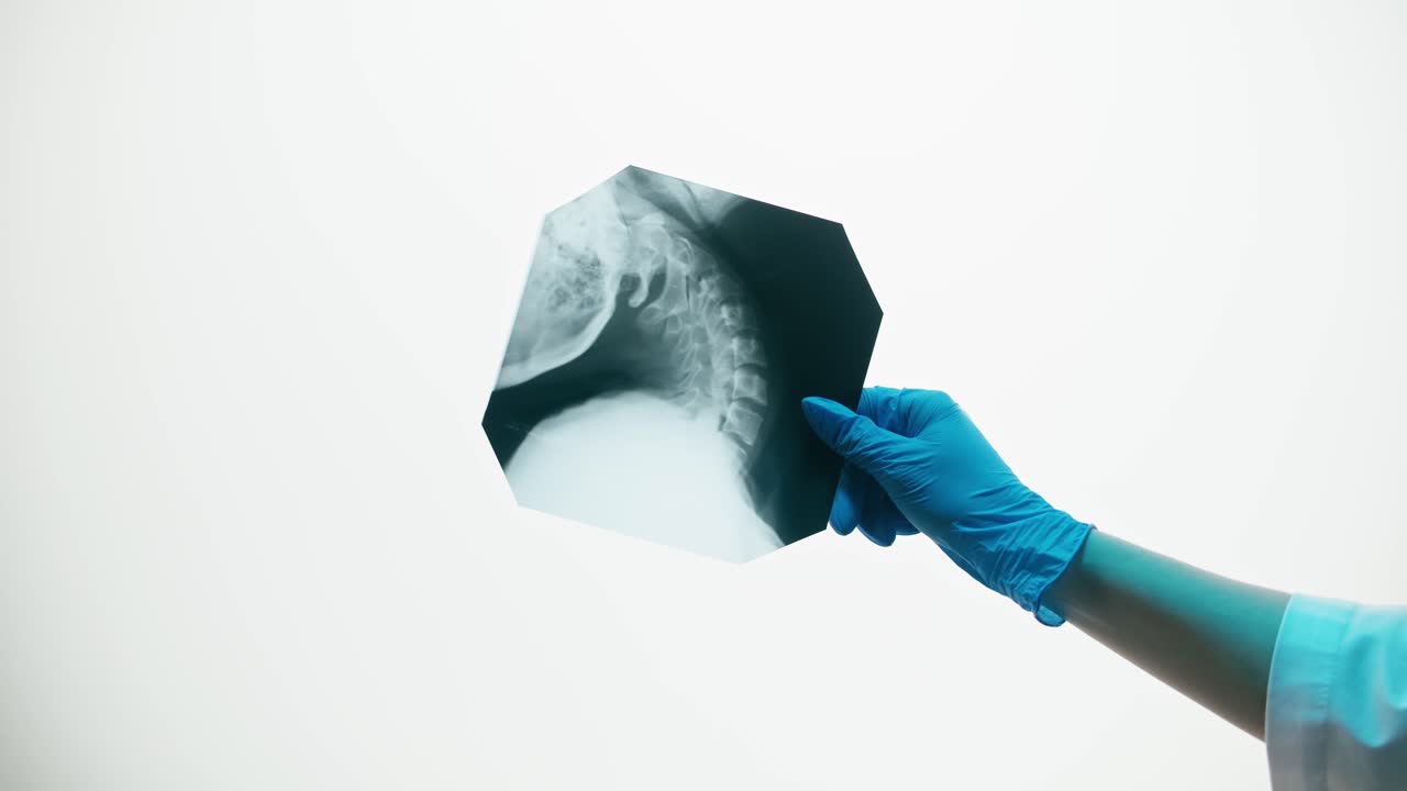 Gloved Hand Holding X-ray of Human Cervical Spine