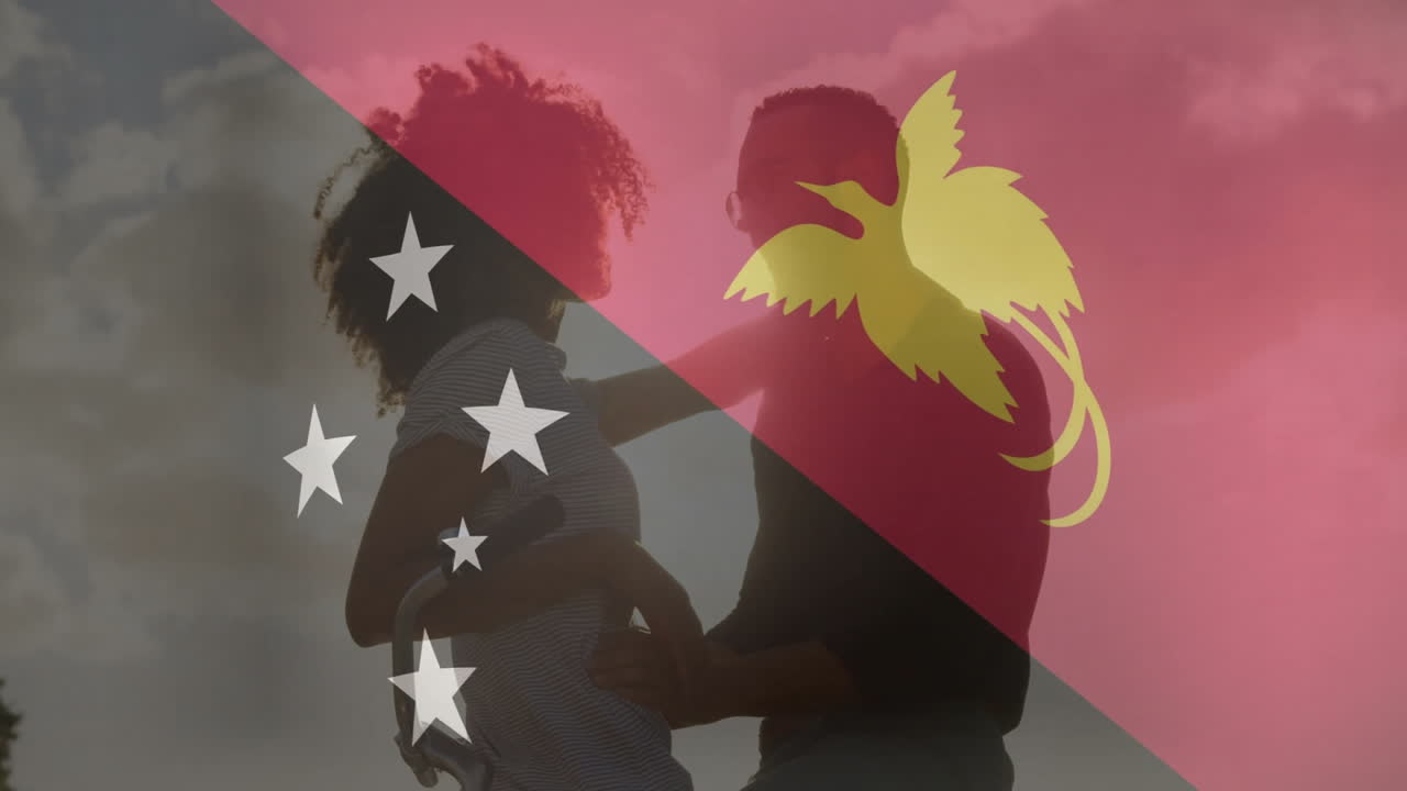 Embracing couple with Papua New Guinea flag animation in background