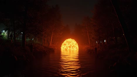illuminating the night: a mesmerizing glow over water captured in two frames, depicting the dazzling ball of light surrounded by reflections and nature