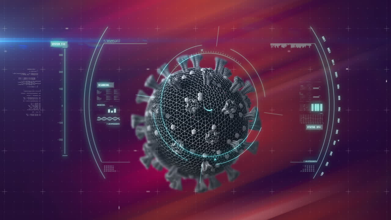 animación de escaneo de alcance circular verde célula de covid 19 y procesamiento de datos, en rojo oscuro