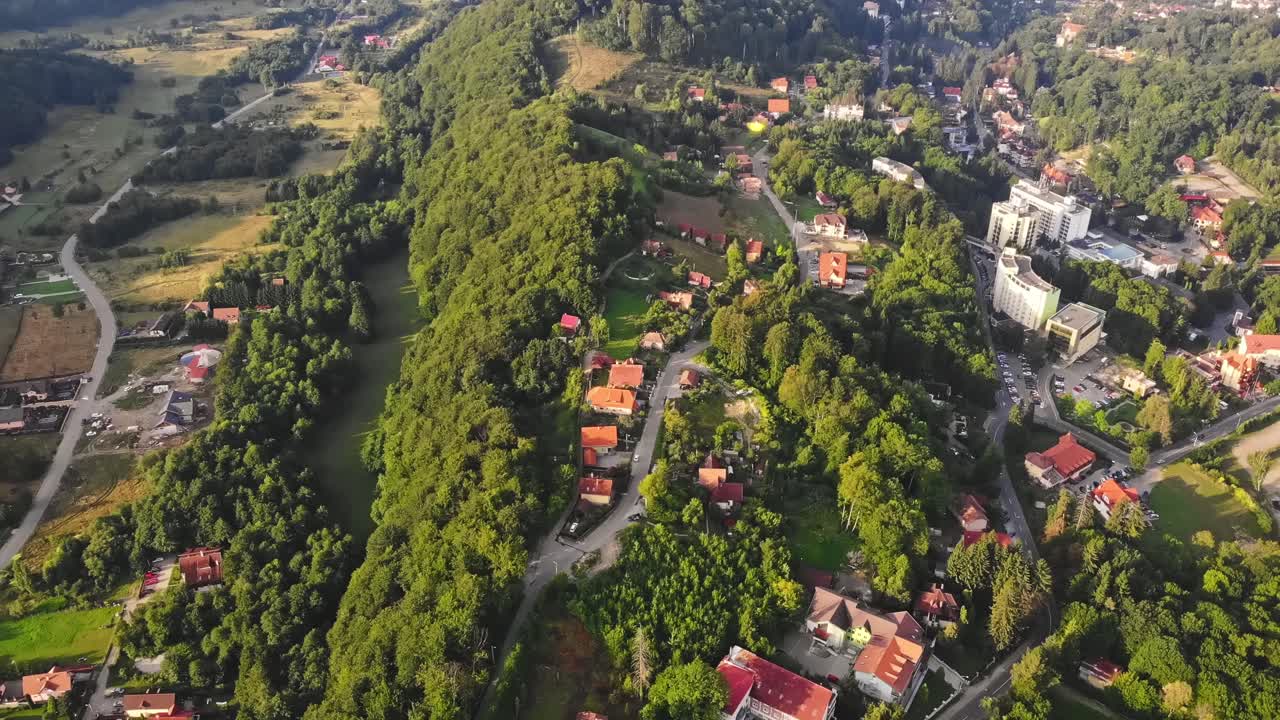 Sovata city from above in Romania. Aerial drone shot. Bird view. Panorama of the city