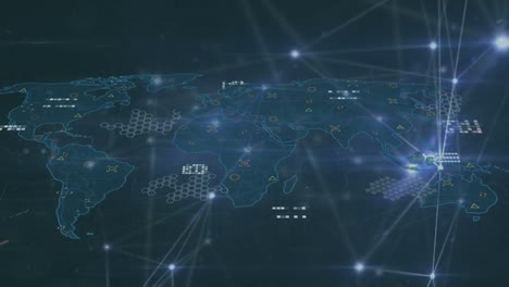 animación de una red brillante de conexiones sobre el mapa del mundo contra un fondo negro