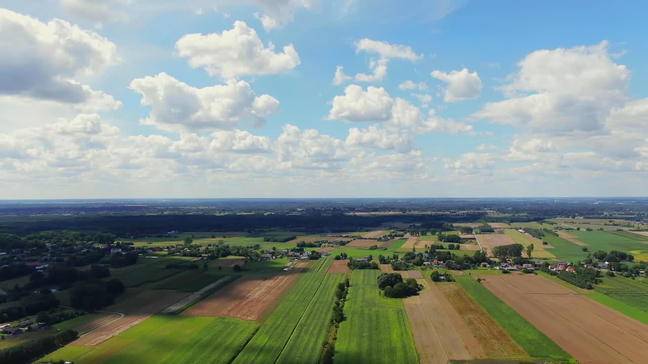 Bird's eye view of agricultural area and green wavy fields in sunny day