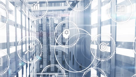 business, media and education icons and data processing over computer servers