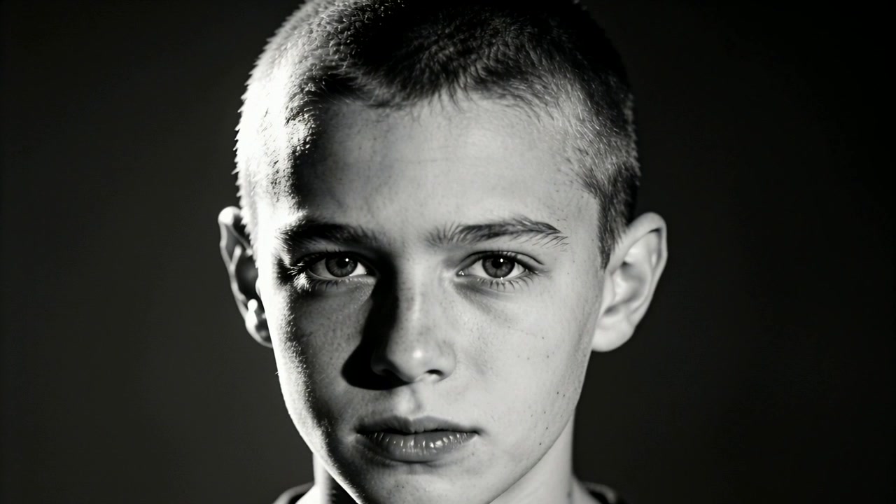 Blinking adolescent male making subtle lip and head movements in studio portrait with rim lighting