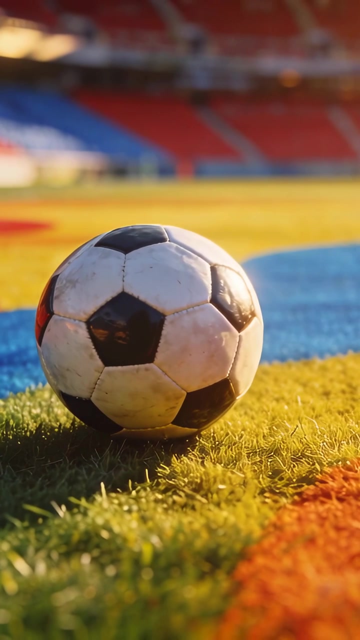 Dikey video: Kamera, sahada çim üzerinde duran siyah beyaz futbol topunu yeniden kadrajlıyor, mavi turuncu zo'yu ortaya çıkarıyor.
