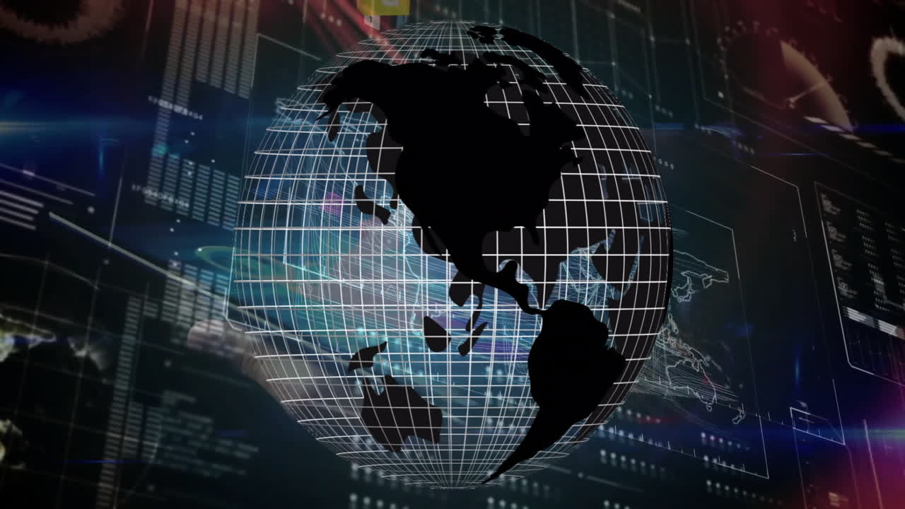 Digital globe with grid lines overlaying financial data and charts in animation