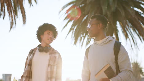 Sunset,-university-and-students-talking-on-campus