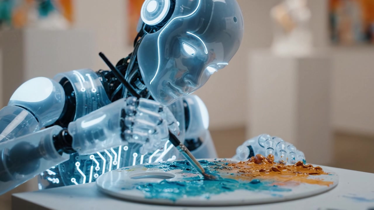 A Futuristic Robot Artist Delicately Painting with Colorful Mediums in a Contemporary Art Space, Showcasing Creativity and Technology in Harmony.