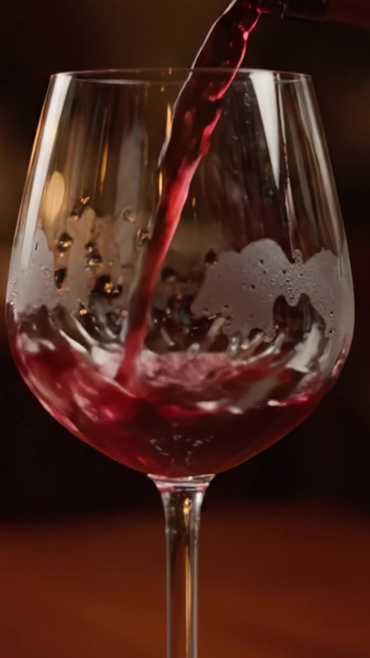 Un viaggio di sapori: catturare la trasformazione del vino rosso in un bicchiere di cristallo, da vuoto a pieno, con bollicine effervescenti e un senso di appagamento.
